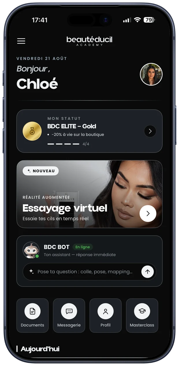 Écran d'accueil de l'espace élève de l'application Beauté du Cil