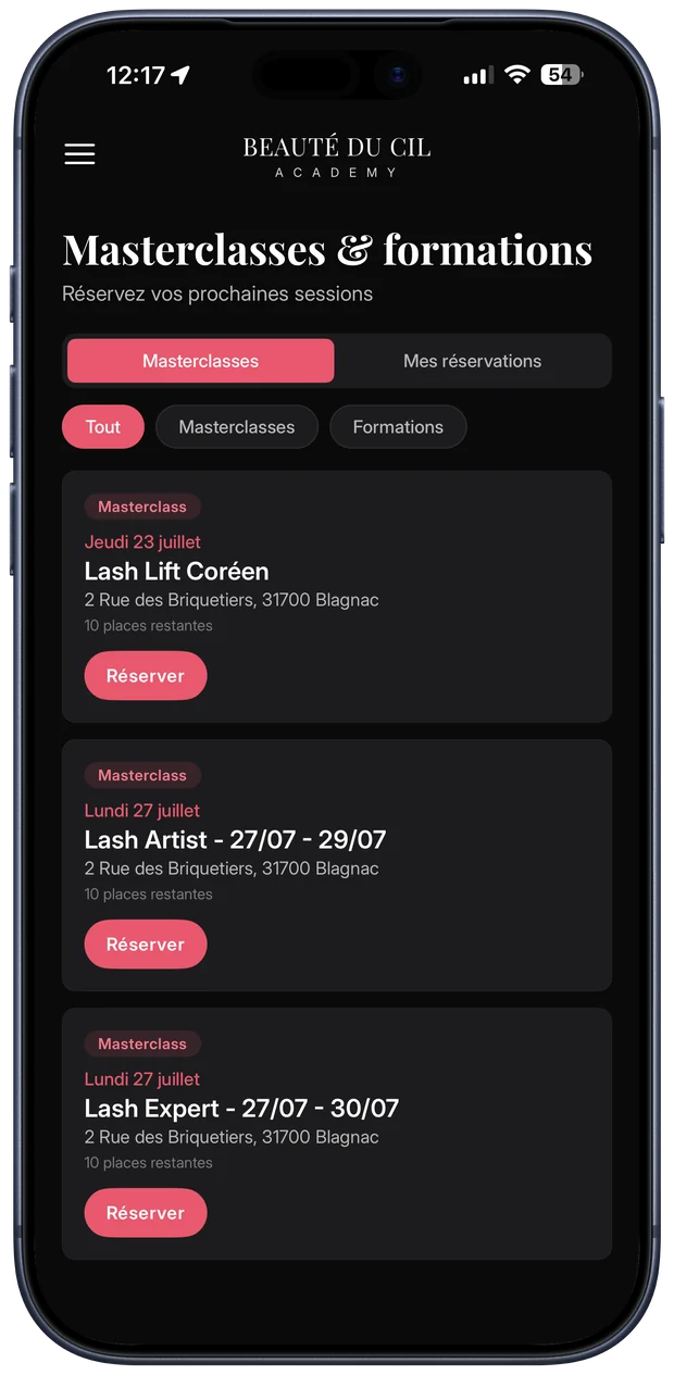 Masterclass et sessions à réserver